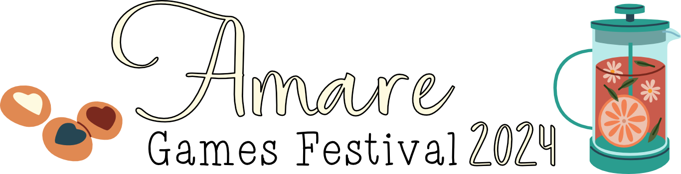 A graphic with the word 'Amare' in cursive, followed by the words 'Games Festival' and the year 2024, as well as a stylized image of a pitcher with a citrus slice design and three cookies with hearts as icing.